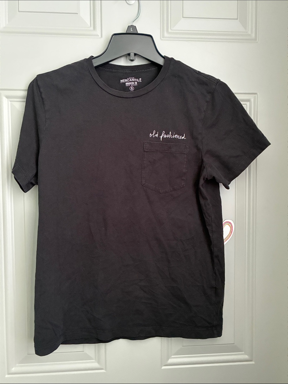 J. Crew Black Short-Sleeve Pocket Tee with 'old fashioned' Script